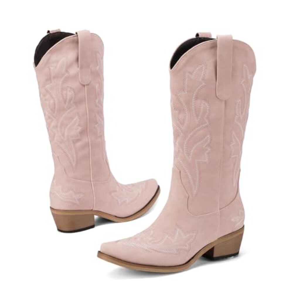 Women's PU Leather Boots Chunky Heel Pointed Toe Wide Calf Pull-On - Picture 2 of 8